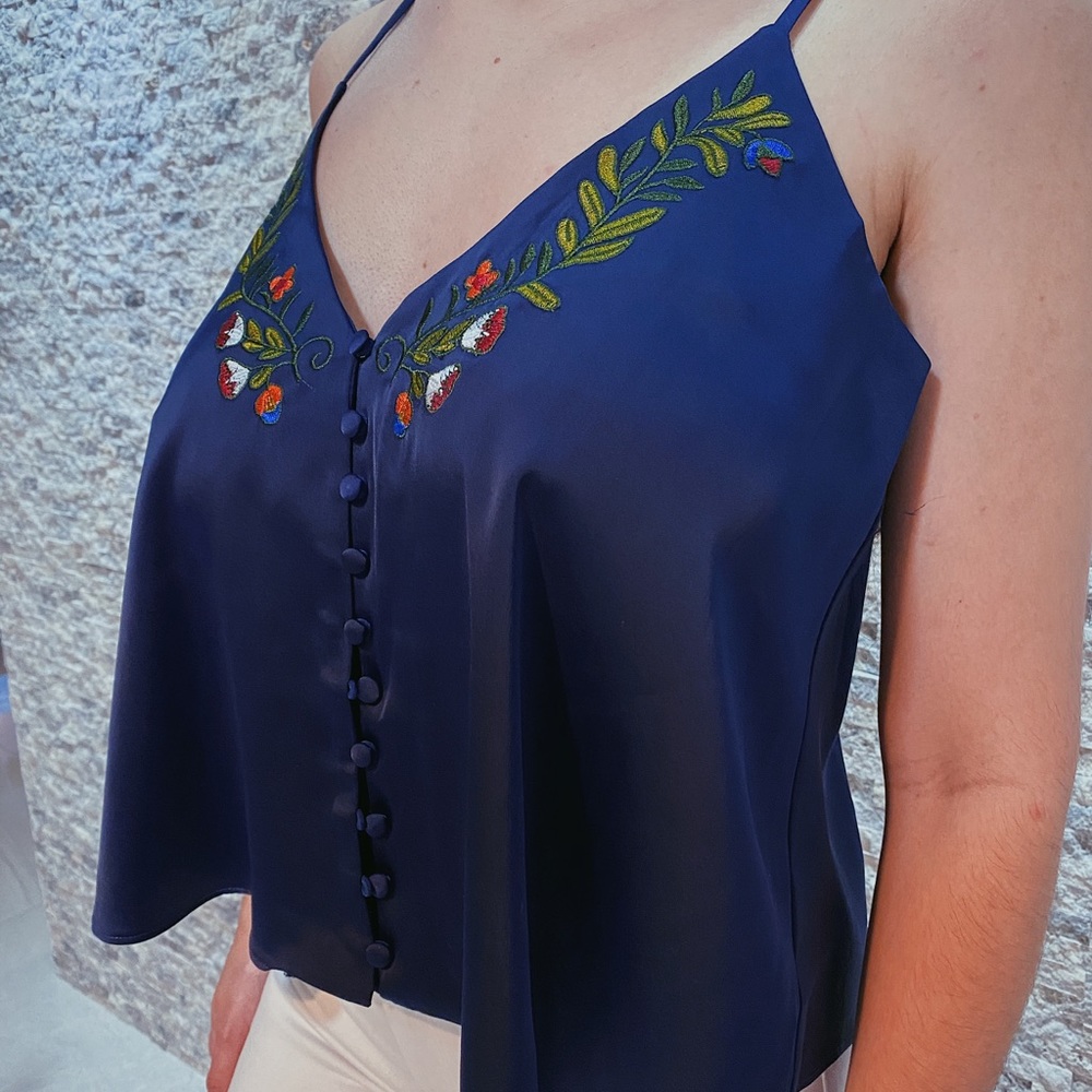 LucyParis Womens Satin Embroidered Navy Blue Tank
